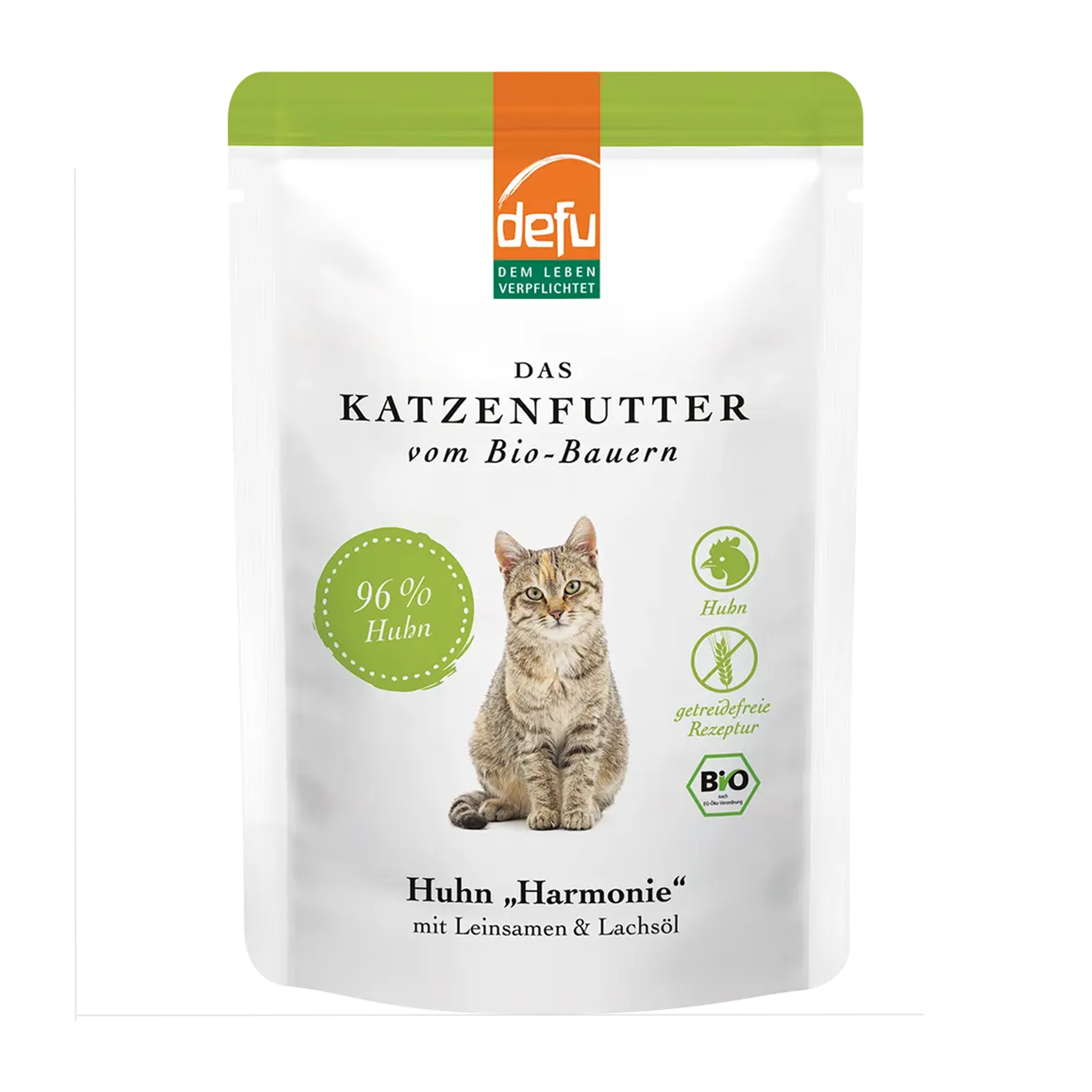 Hrana umeda pentru pisici „Harmonie” cu pui,  seminte de in si ulei de somon, bio, 85g, Defu