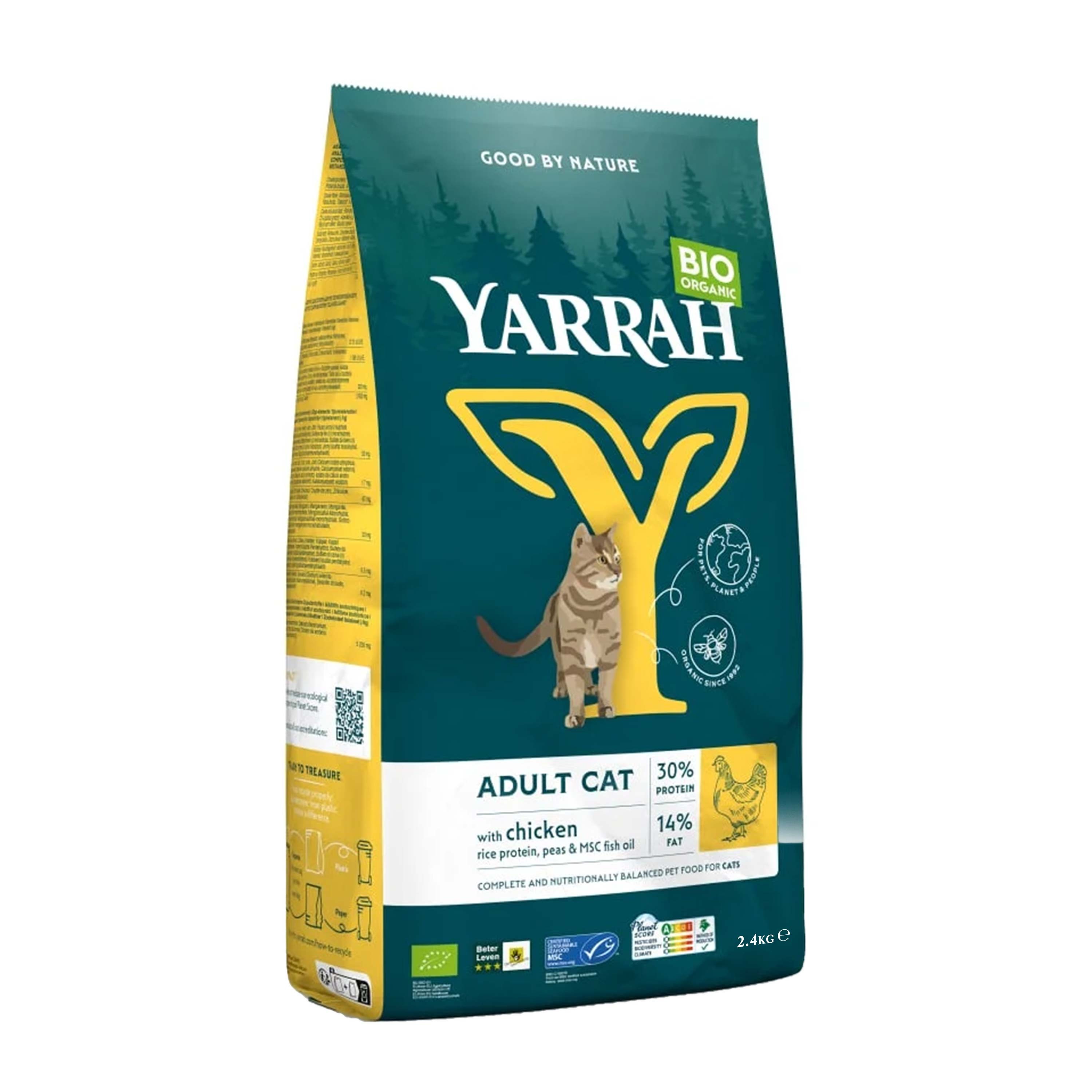 Hrana uscata bio pentru pisici adult, cu carne de pui, 30% proteina si 14% grasimi, 2.4kg Yarrah