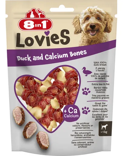 8IN1 Delicii (Lovies) cu rață și oase cu calciu 80 g recompensă pentru câini, oase din calciu învelite în carne de rață.