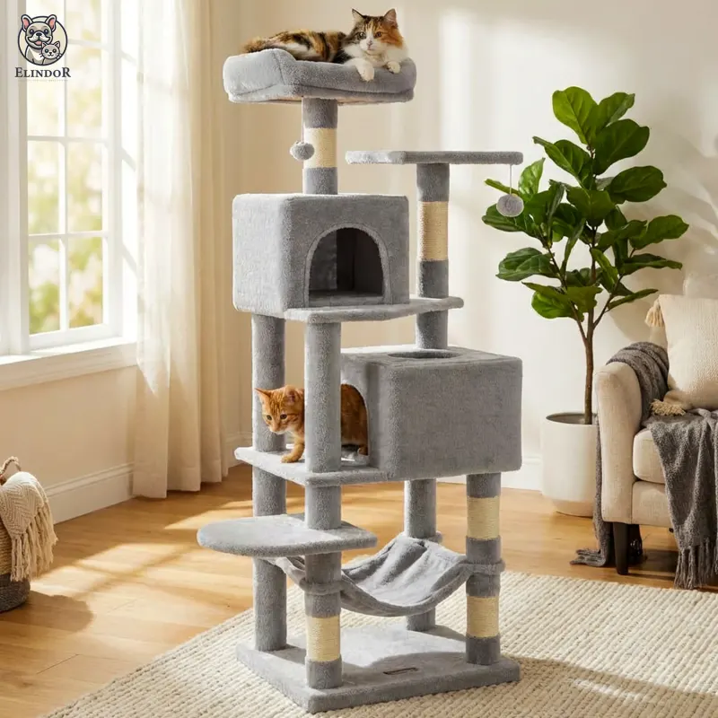 Ansamblu de Joaca Elindor® pentru Pisici, Tip Turn 155 cm, Post pentru Zgariat din Sisal, Stalp pentru Ascutit Gheare, Baza Solida, Pat Moale pentru Dormit, Accesorii Animale de Companie, Gri Deschis - Default Title