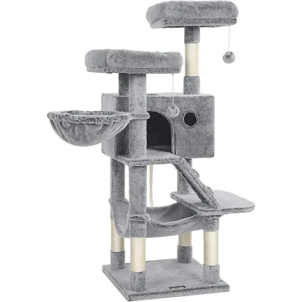 Ansamblu de joaca pentru pisici, tip copac, cu 3 culcusuri, hamac si ascunzatoare, 49x49x135cm, gri