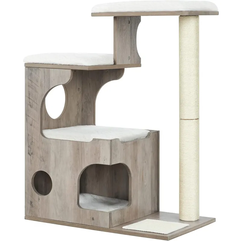 Ansamblu joaca pisici tip copac din lemn cu 3 culcusuri si pestera, stalpi sisal 80 cm, perne lavabile, 66x40x86 cm, gri