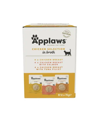 APPLAWS Hrană umedă complementară pentru pisici, multipack 12 x 70 g, mix de arome cu pui în bulion, în plicuri