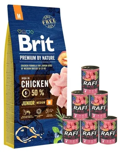 BRIT Premium By Nature Junior Medium M 15 kg + 6x400 g conserve cu vitel