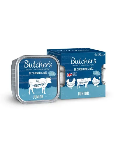 BUTCHER'S Original Junior mix arome 4x150 g pate de pui, vita si curcan pentru catelusi