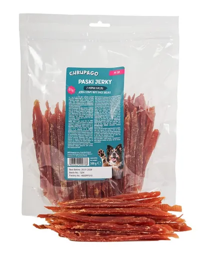 CHRUP&amp;GO Jerky Strips 24x500 g recompense pentru câini, cu piept de rață