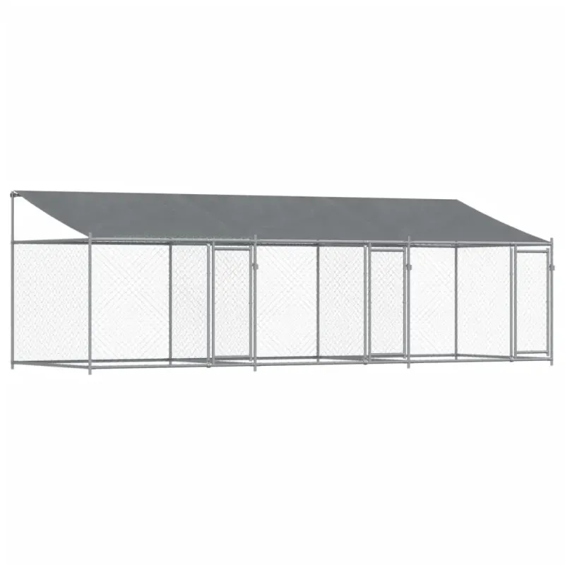 Cusca caini cu acoperis și usi, 6x2x2 m, otel galvanizat, model 3 uși