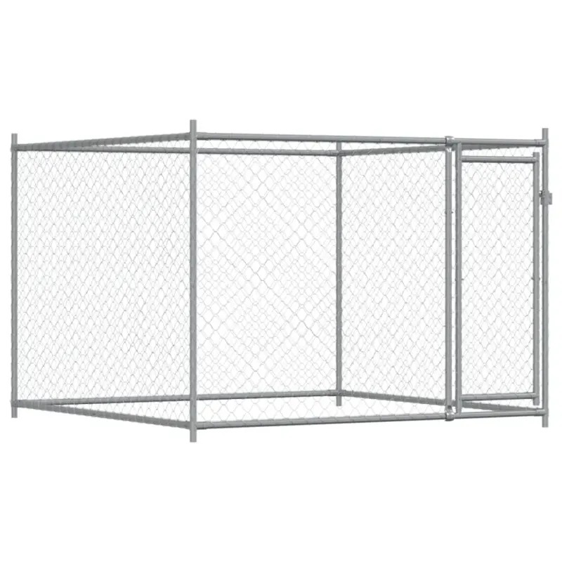 Cusca pentru caini cu usa, gri, 2x2x1,5 m, otel galvanizat