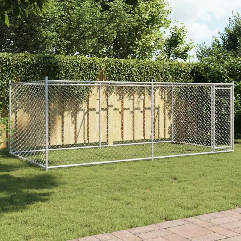 Cusca pentru caini cu usa, gri, 4x2x1,5 m, otel galvanizat