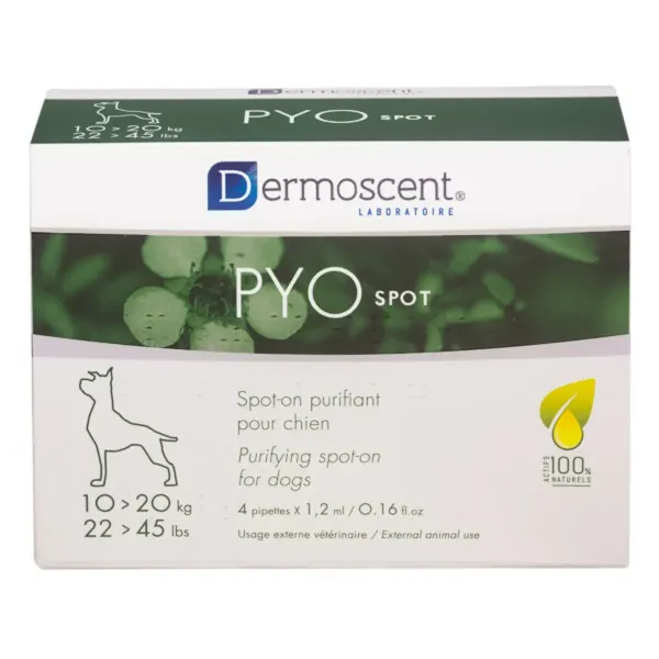 DERMOSCENT PYO spot, tratament adjuvant piele & blană câini, pipete, 4buc DERMOSCENT PYO spot 10 -20kg, tratament adjuvant piele & blană câini, 1.2ml x 4buc pipete