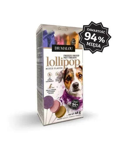 DR MALOU Lollipop acadele liofilizate din carne pentru câini arome mixte 2x48 g (6 bucăți)