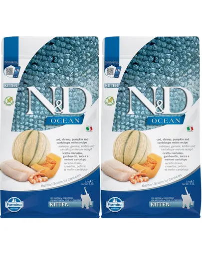 FARMINA N&amp;D Ocean Cat Kitten cod, shrimp, pumpkin &amp; cantaloupe melon 2 x 1,5 kg hrana uscata pisoi, pisici gestante/alapteaza, cod, creveti, dovleac si pepene galben