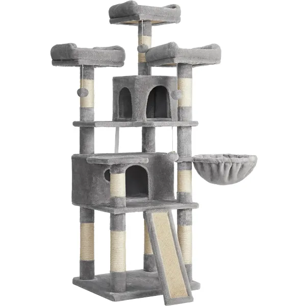 FEANDREA Ansamblu de joaca pentru pisici, tip copac, cu 4 culcusuri si 2 ascunzatoare, 54x49x169cm, gri