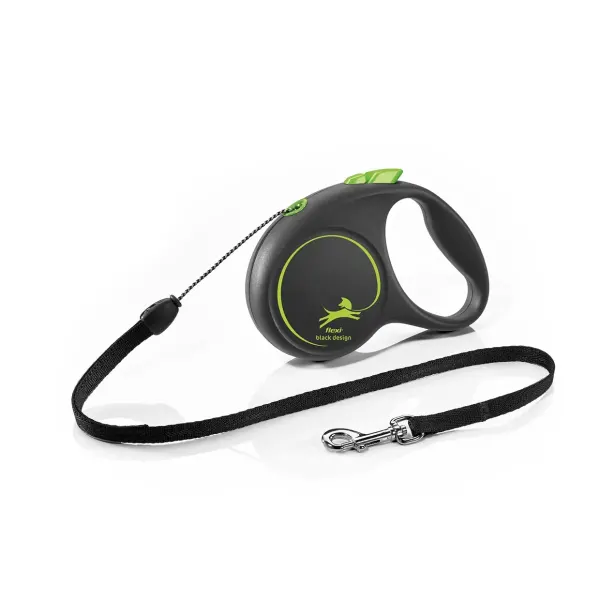 FLEXI Black Design, lesă șnur retractabilă câini, poliester, verde, S(12kg, 5m)