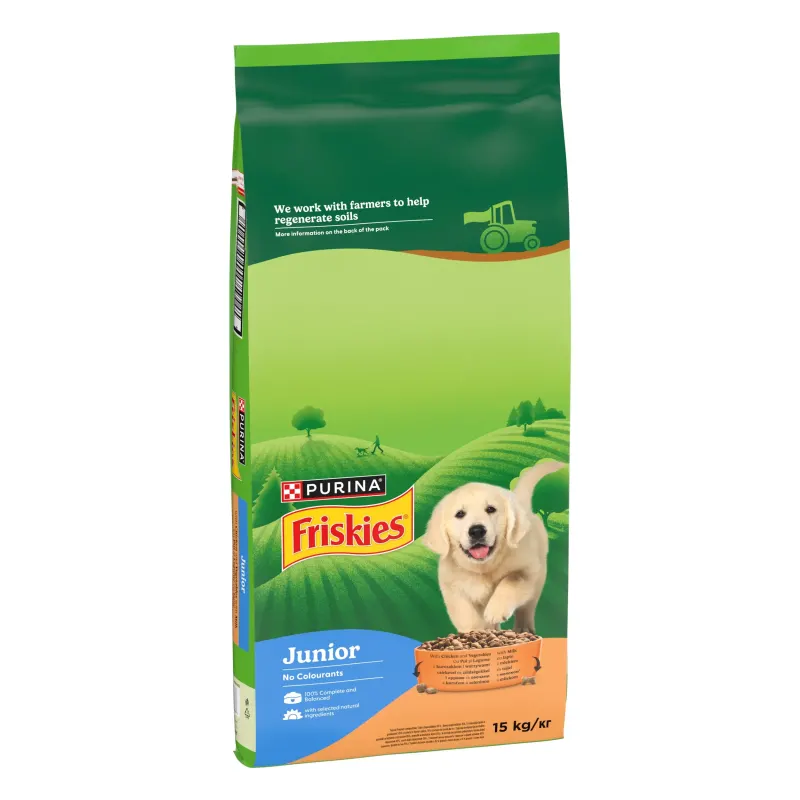 FRISKIES Dog, Caine Junior, Pui, Legume si Lapte, 15 kg