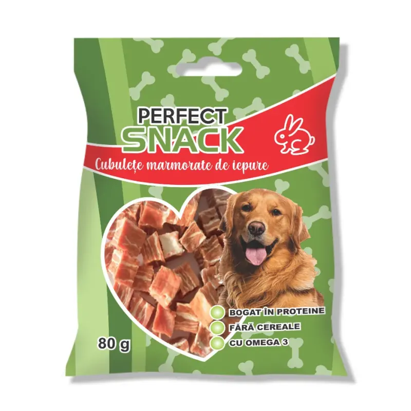 Hrana complementara pentru caini, Perfect Snack, cubulete marmorate de iepure, 80 g