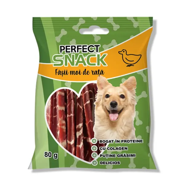 Hrana complementara pentru caini, Perfect Snack, fasii moi de rata, 80 g