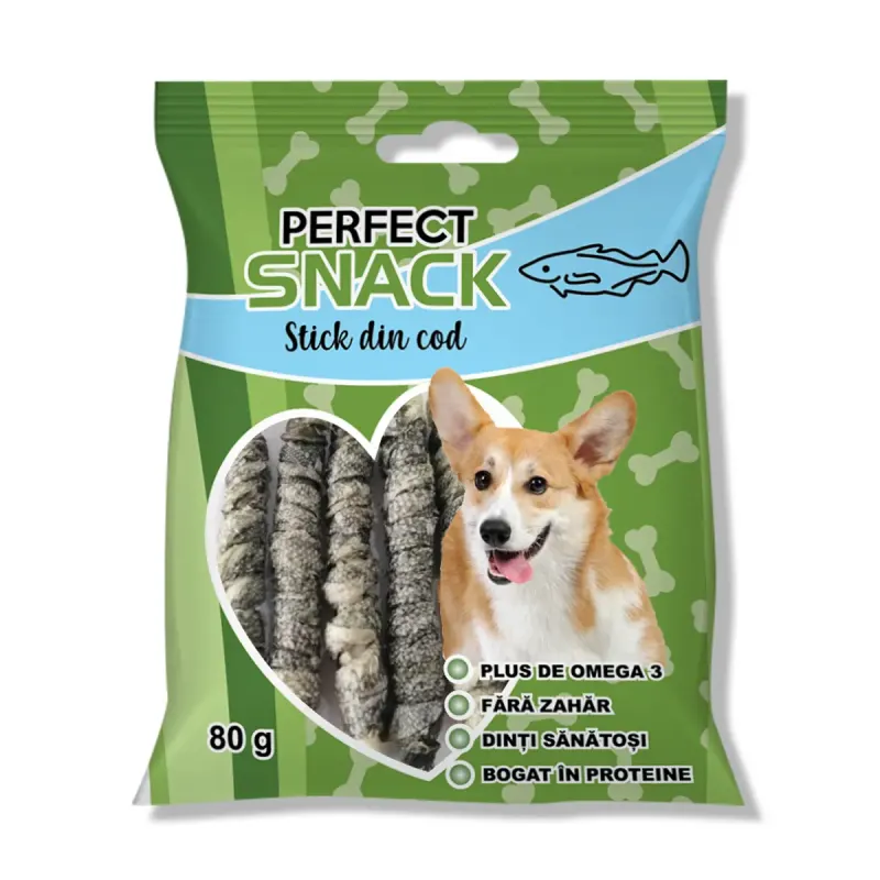 Hrana complementara pentru caini, Perfect Snack, stick din cod, 80 g