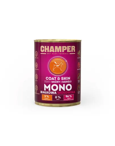 Hrana cu vita pentru caini CHAMPER Coat Skin monoproteica 400 g