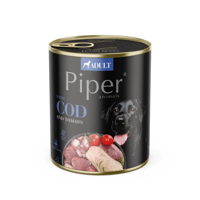 Hrana umeda pentru caini PIPER DOG, cod si tomate, 800g