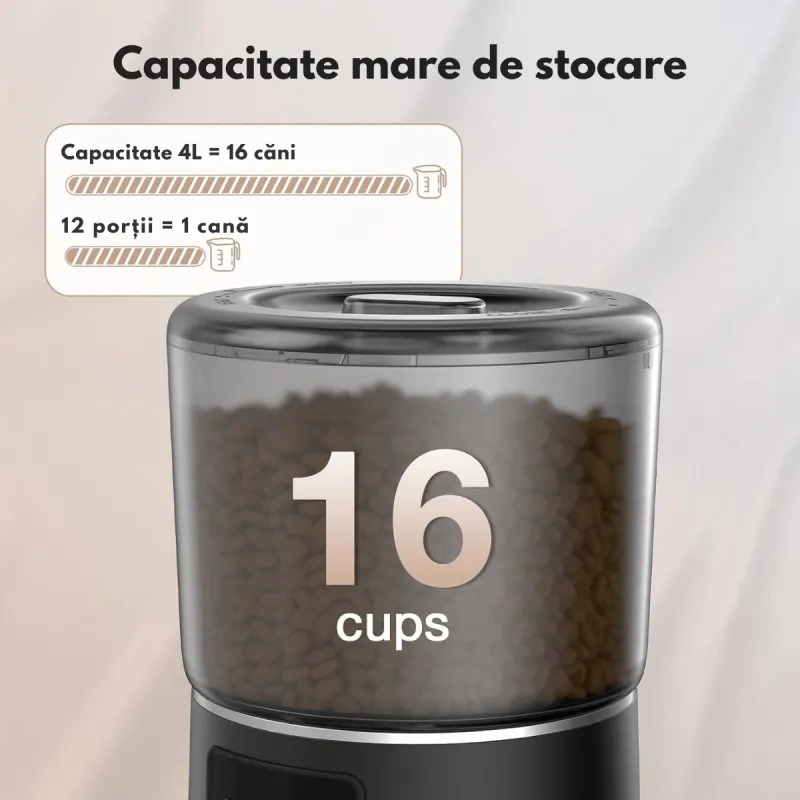 Hranitor Automat Inteligent pentru Animale 4L, Dasbo®, Control prin Aplicatie, WiFi, Inregistrare Audio, Functie Dozator