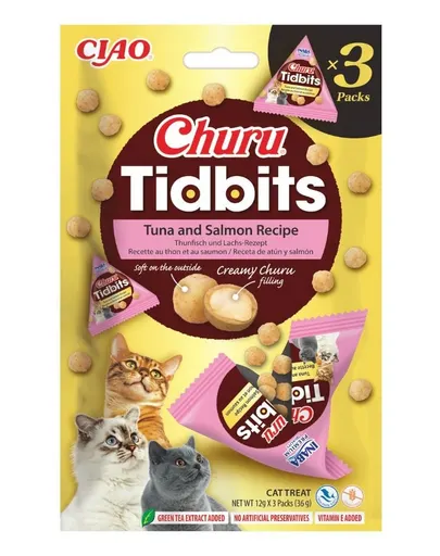 INABA Cat Churu Tidbits Rețetă cu Ton și Somon 3×12 g recompense moi și cremoase cu ton și somon pentru pisici