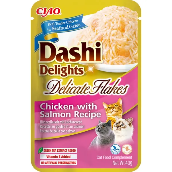 INABA Churu Dashi Delights Delicate Flakes, Pui și Somon, plic hrană umedă fără cereale pisici, (topping), 40g