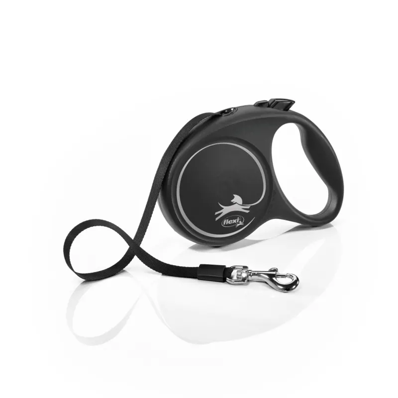 Lesa retractabila Flexi, neagra, lungime 5 m, pentru caini cu greutate de pana la 12 kg, design elegant