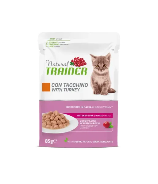 Natural Trainer, Kitten & Young cu Bucati de Curcan in Sos, 85 g