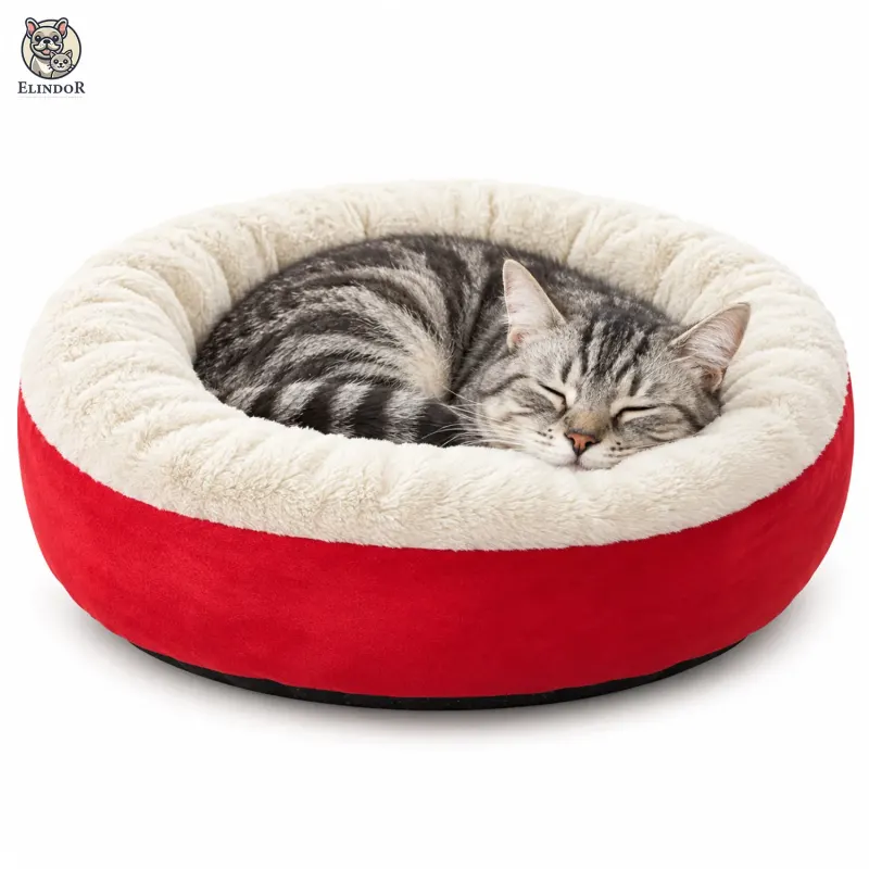 Pat Confortabil pentru Pisici Elindor® Rotund, Culcus Moale Antiderapant, Potrivit pentru Caine si Pisica de Talie Mica si Medie, Ideal in Orice Anotimp, in Casa, Marimea S, 60 x 60 cm, Visiniu - Default Title