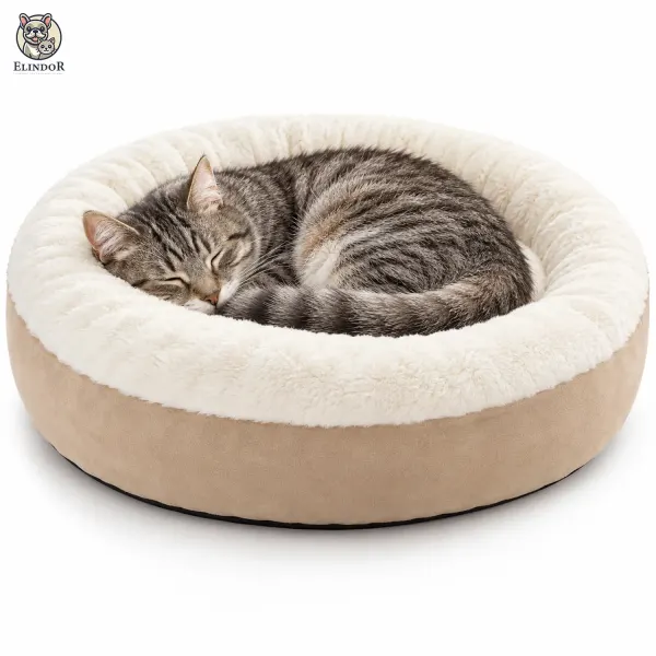 Pat Confortabil pentru Pisici Elindor® Rotund, Culcus Moale Antiderapant, Potrivit pentru Caine si Pisica de Talie Mica si Medie, Ideal in Orice Anotimp, in Casa, Marimea S, 60 x 60 cm, Bej - Default Title