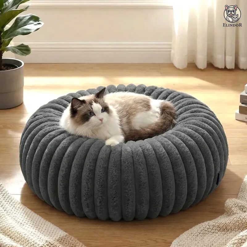 Pat Confortabil pentru Pisici si Caini Elindor® Rotund Tip Doughnut, Culcus Moale Antiderapant, Potrivit pentru Caine si Pisica de Talie Mica si Medie, Ideal in Orice Anotimp, in Casa, 50 × 50 × 15 cm, Gri Inchis - Default Title