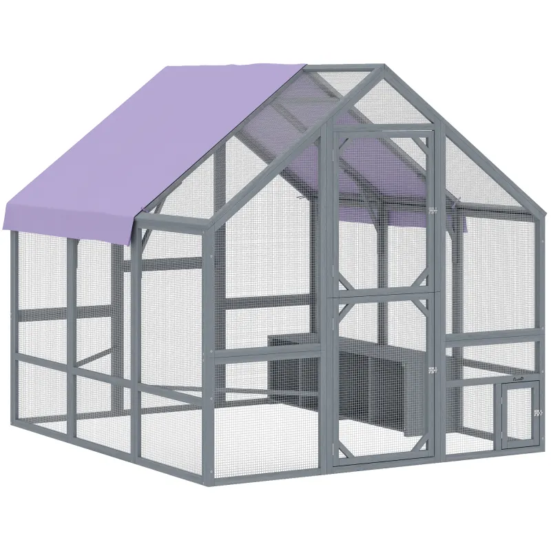 PawHut Adăpost pentru găini cu husă rezistentă la intemperii 2 cuiburi 2 bârne de odihnă pentru 8-10 găini lemn 211 x 186,5 x 185,5 cm Gri închis | Aosom Romania