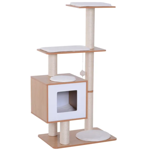 PawHut Ansamblu pentru Pisici cu Stâlp din Sisal, Cușcă cu Platforme și Zone de Joacă, Dimensiuni 66x47x120cm, Lemn Alb | Aosom Romania