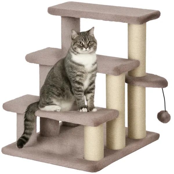 PawHut Arbore pentru zgârieturi, scara pentru animale de companie, 3 trepte, minge de joc, până la 5 kg, 45x40x48cm, Maro | Aosom Romania