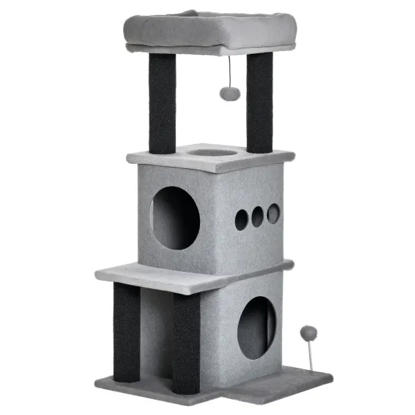 PawHut Arborișoare pentru pisici design cozy-chic multi-echipate centrul de activități cu zone, platforme, pat, joc cu bile, fețre detașabile și lavabile, plăci de particule, pluș scurt 48 x 48 x 100 cm gri | Aosom Romania