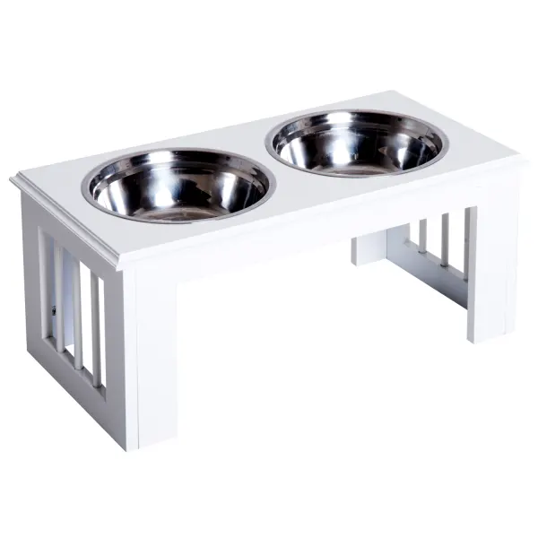PawHut Boluri Ridicate pentru Câini, Suport pentru Boluri cu 2 Boluri din Oțel pentru Mâncare și Apă, 58,4x30,5x25,4 cm, Alb | Aosom Romania