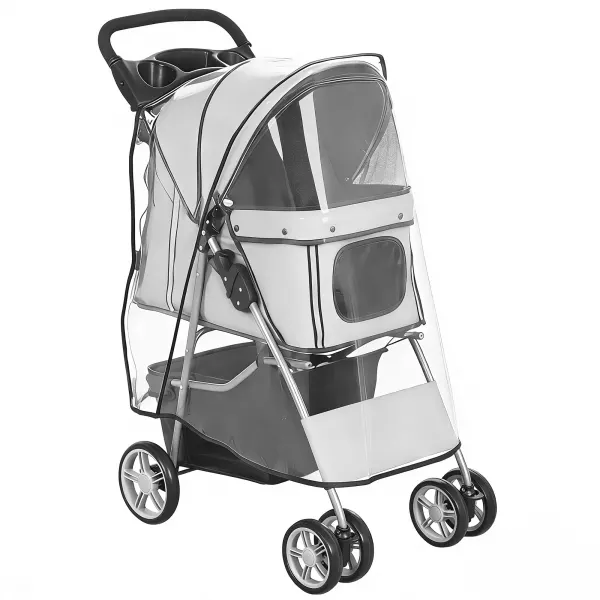 PawHut Cărucior pentru Câini Pliabil cu Husă de Ploaie, Roți Rotative și Pernuță Lavabilă, 77x44x102cm, Gri | Aosom Romania