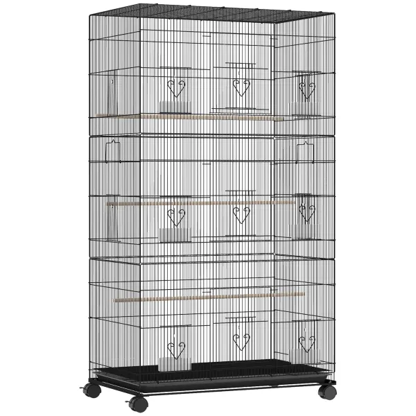 PawHut Colivie Mare pentru Păsări cu Roți 6 Hrănitoare Tavă Detașabilă Uși Multiple 3 Bârne 77x46,5x141 cm Negru | Aosom Romania
