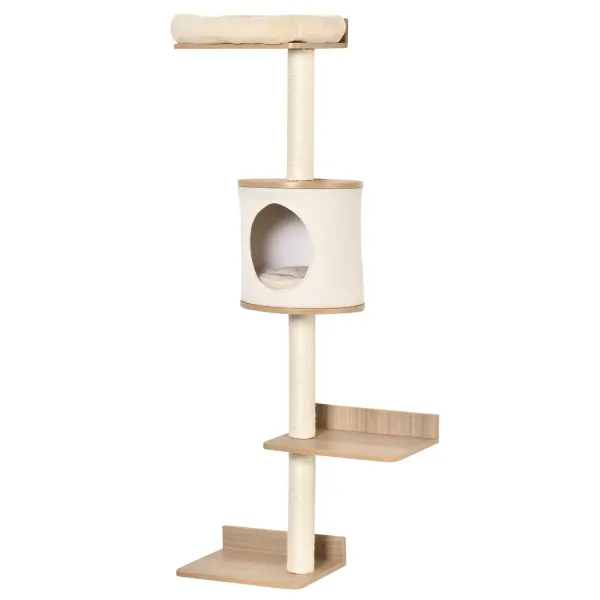 PawHut Copac pentru Pisici de Perete 38x30x149 cm cu Multiple Platforme din Lemn Vizuini Pat Superior Pernă Detașabilă Stâlpi Zgârietoare din Sisal Turn de Cățărat Bej și Stejar | Aosom Romania