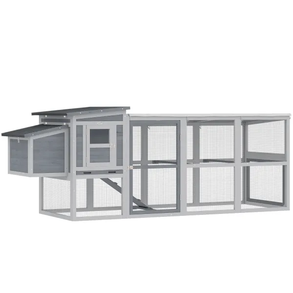 PawHut Cotet pentru găini Cotet pentru 3-4 găini cu țarc Cuibar Acoperiș din asfalt Husă Oxford Sertar glisant 264x82x89cm Gri | Aosom Romania