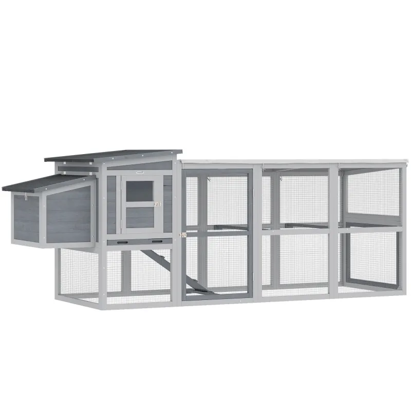 PawHut Cotet pentru găini Cotet pentru 3-4 găini cu țarc Cuibar Acoperiș din asfalt Husă Oxford Sertar glisant 264x82x89cm Gri | Aosom Romania