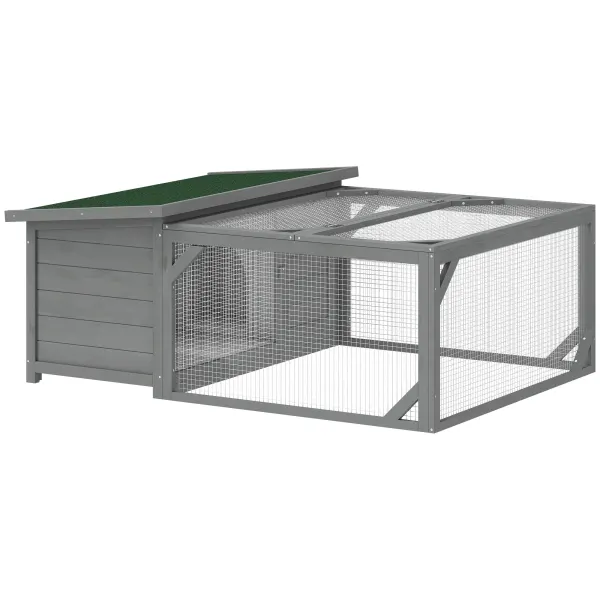 PawHut Coteț pentru iepuri cușcă din lemn cu acoperiș bitumat rabatabil, curte de alergare, uși 125,5x100x49 cm Gri | Aosom Romania