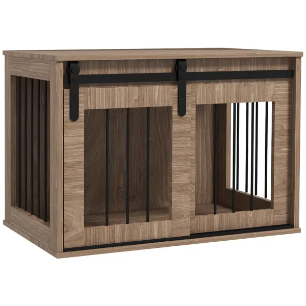 PawHut Cușcă cușetă pentru câini animale interioare ușă glisantă, oțel efect lemn, dim. 57H x 80L x 54l cm | Aosom Romania