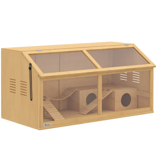 PawHut Cușcă din lemn pentru hamsteri 100 x 52 x 50 cm, cușcă mare pentru rozătoare cu spațiu de depozitare, acoperiș rabatabil, geam acrilic, deschidere de ventilație, platformă | Aosom Romania