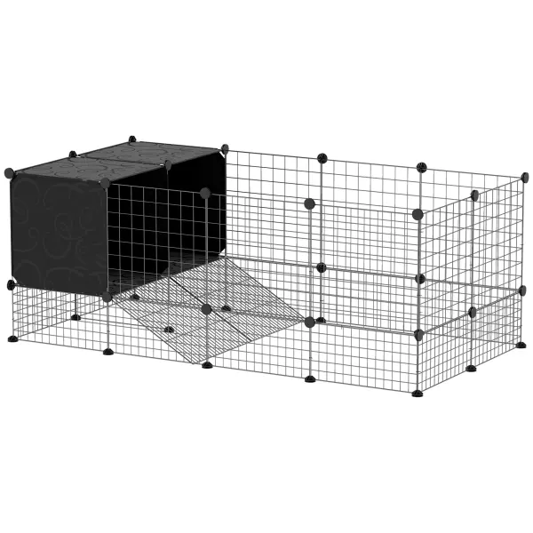 PawHut Cușcă Modulară pentru Animale Mici cu 2 Căsuțe Ridicate, Țarc cu 31 de Panouri, 140x70x52 cm, Negru | Aosom Romania