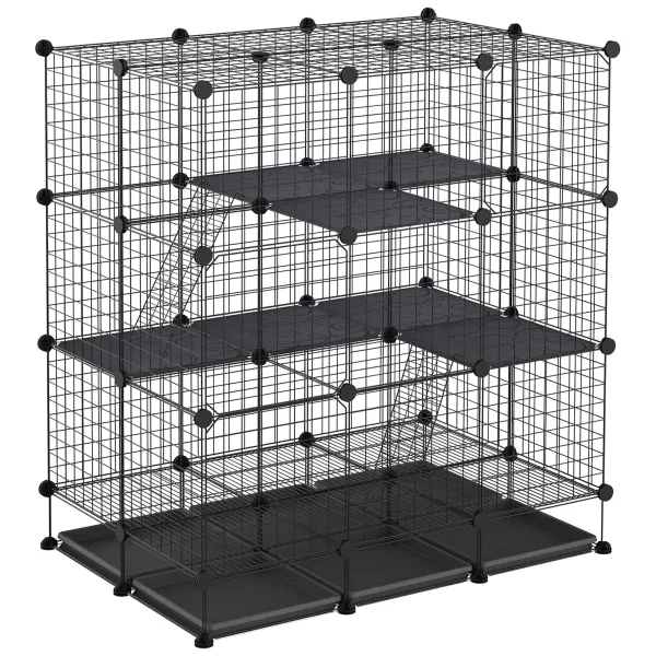 PawHut Cușcă parc rozătoare modulară dim. L 111 x l 75 x H 119 cm 3 nivele 4 uși sârmă metalică negru | Aosom Romania