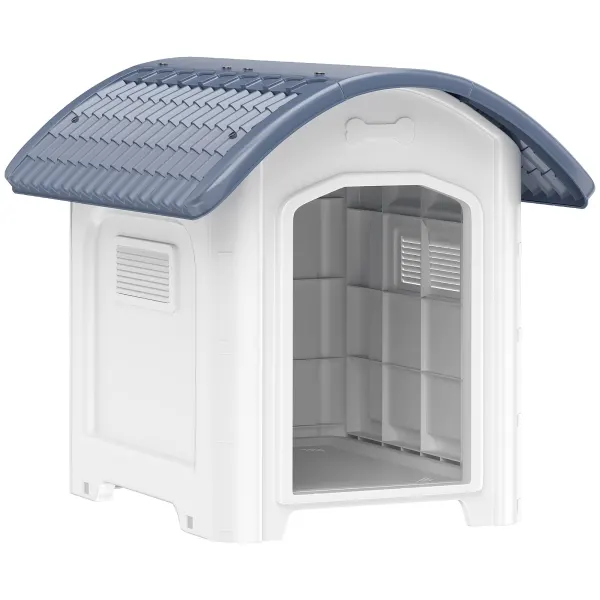 PawHut Cușcă pentru câine de exterior, casă pentru câine din plastic cu podea ridicată și amovibilă, acoperiș impermeabil, gri | Aosom Romania