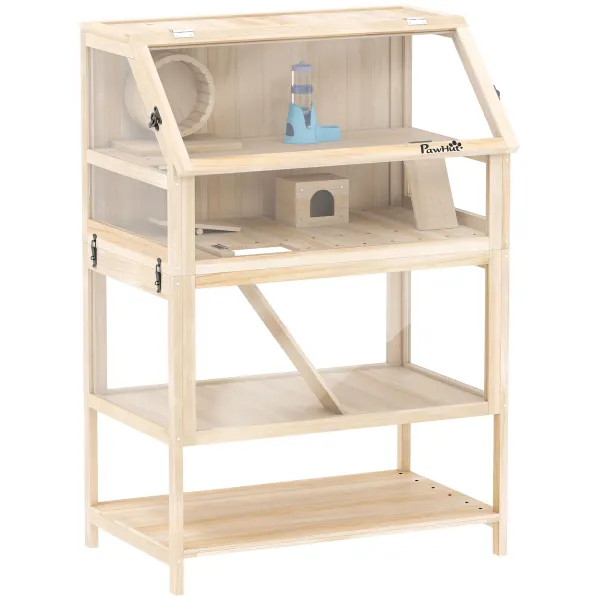 PawHut Cușcă pentru hamster din lemn 3 etaje Cușcă pentru rozătoare cu podea detașabilă Raft Roată Balansoar Rampă Căsuță 80x53x117cm Lemn natural | Aosom Romania