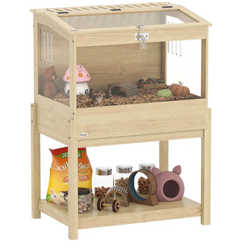 PawHut Cușcă pentru hamster din lemn înaltă cu raft de depozitare capac deschis 83,2 x 50 x 103 cm efect de lemn natural | Aosom Romania